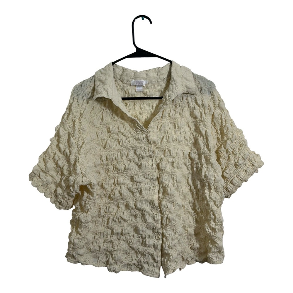 Nordstrom Rack Womens Cream Popcorn Texture Short Sleeve Button Down Shirt‎ S